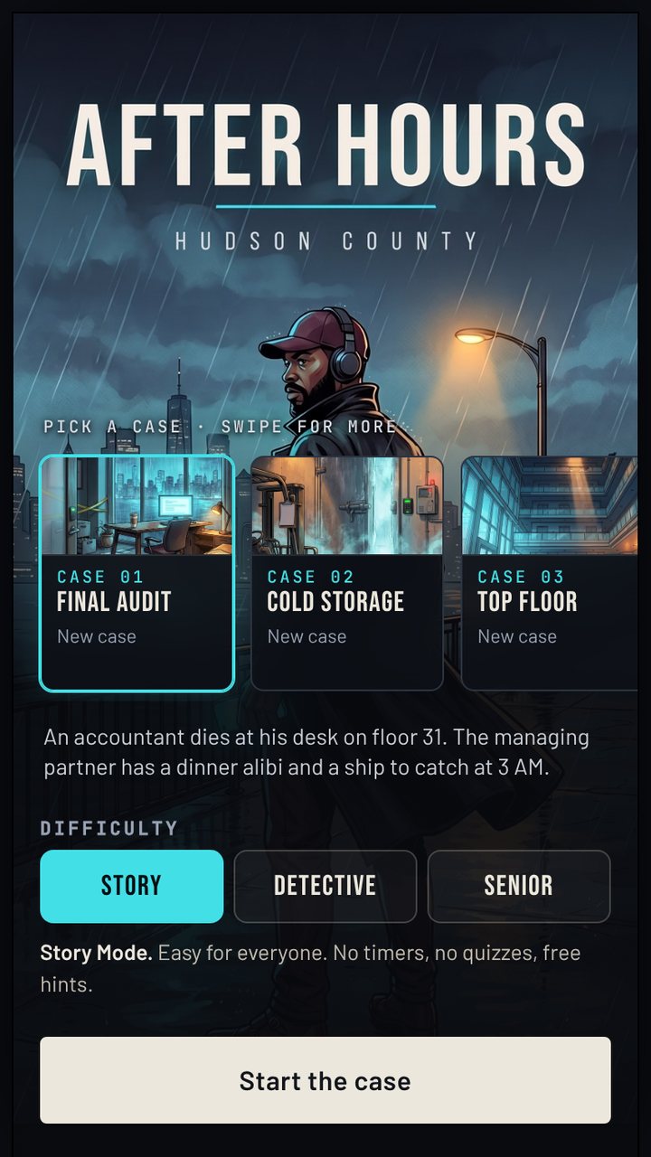 After Hours: Hudson County title screen: Detective Dez Carver under a streetlight in the rain, with the first cases to pick from and three difficulty modes.